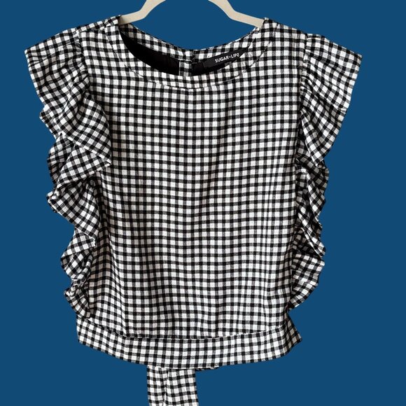 Sugarlips Tops - Sugar Lips Black & White Gingham Ruffle Tie and Button Back Blouse Top Small